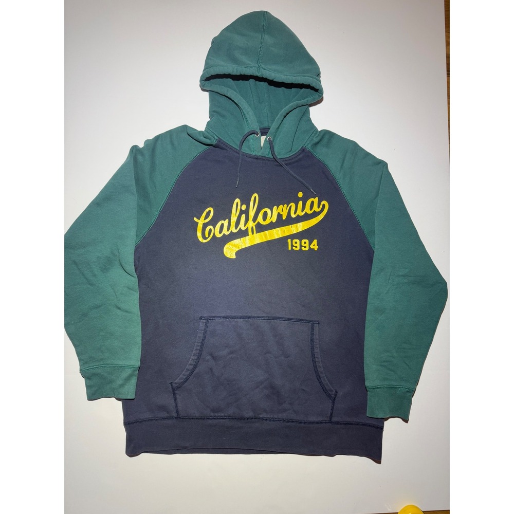 Old Navy Mens XL Raglan Hoodie Navy Blue Teal California 1994 Graphic Pullover